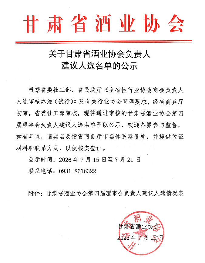 关于甘肃省酒业协会负责人建议人选名单的公示